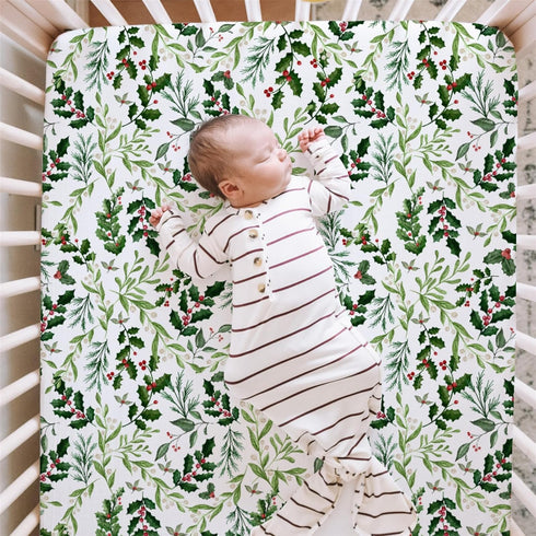 52 28 HawSkgFub Christmas Foliage Holly Berry Fitted Standard Crib Sheet Baby Boy Girl Shower Gift, Neutral Green Xmas