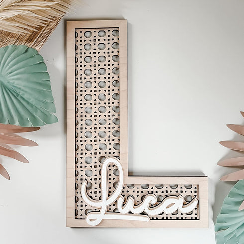 Custom Boho Wood Personalized Initial & Name Sign - Handmade Rattan Wall Decor for Nursery or Child's Bedroom - Baby