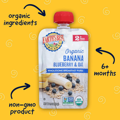 Earth's Best Organic Baby Food Pouches, Stage 2 Wholesome Breakfast Puree for Babies 6 Months and Older, Organic Banana Blueberry and Oat Puree, 3.5 oz Resealable Pouch (Pack of 12)