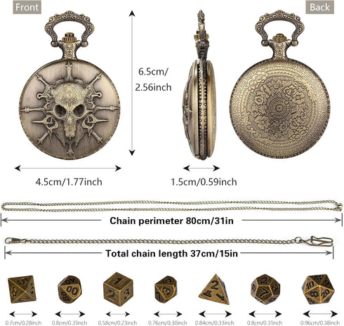 Mini DND Dice Set, 7pcs Polyhedral Metal D&D Dice with Steampunk Warlock Pocket Watch Shell Case, Bronze Gifts