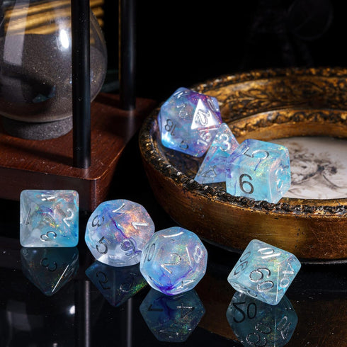 UDIXI 7PCS Polyhedral Dice Set for Dungeons and Dragons, D&D with Glitter and Cyan Swirls (Purple Cyan)