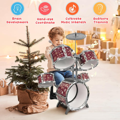 Set 3-5 4-6 5-7 Kids Drum for Toddlers Musical Jazz Drum with Stool Toys for Boys Girls Birthday, Red