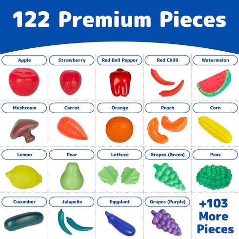 Jaxojoy 122 Piece Pretend Play Food Set for Kids, Kitchen Accessories, Toy Food for Kids Kitchen