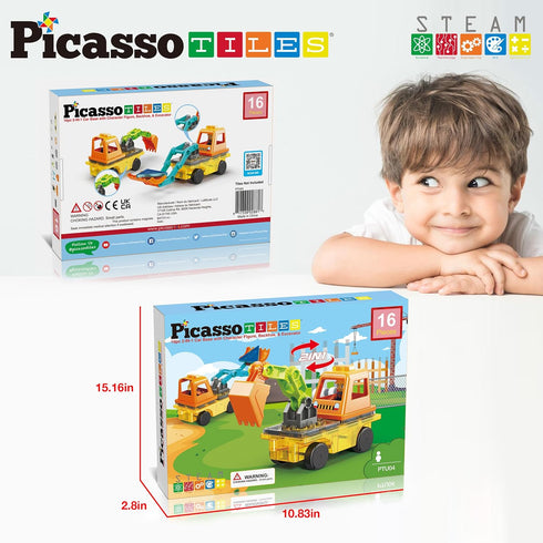 2-in-1 Playset 3+ PTU04 PicassoTiles Magnet Tiles Building Block Excavator & Backhoe Brick Compatible Construction