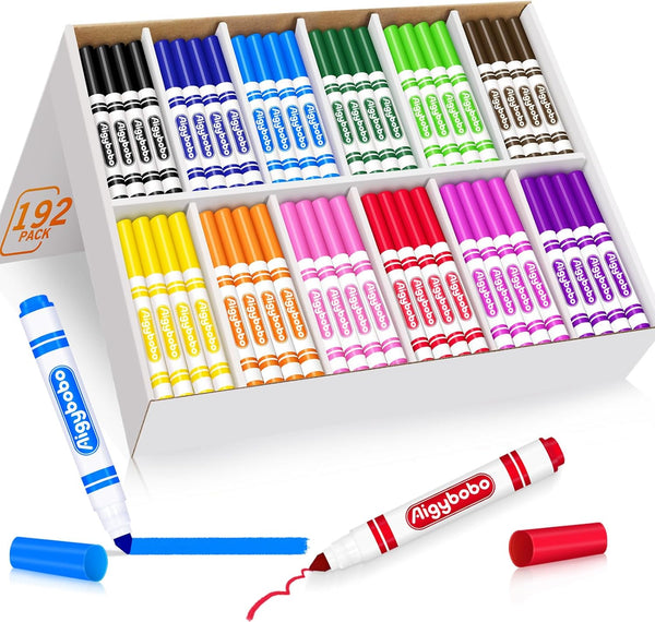 Aigybobo 192 Count Washable Markers Bulk, 12 Assorted Colors, Broad Line Conical