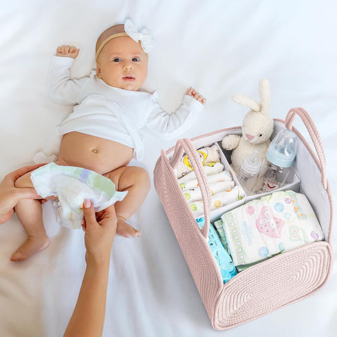 Diaper Caddy Organizer for Baby, Cotton Rope Baby Gift Basket,Portable Diaper Organizer for Changing Table,Diapers