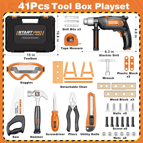 Set 41 Sets, 3 4 5 Kids Tool with Electronic Toy Drill, Realistic Toy Tools with Tool Box for Toddler, Pretend Home