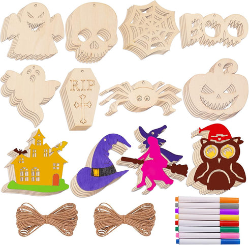 Max Fun 60PCS Halloween Crafts, Painting Wooden Slices Cutouts for Kids DIY Hanging Decorations