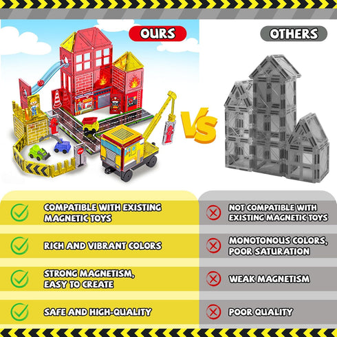 56PCS 4-8, 4 5 Magnetic Tiles for Kids, Construction Magnet Tiles with Fire Truck Station, Building, Road, Crane, Car