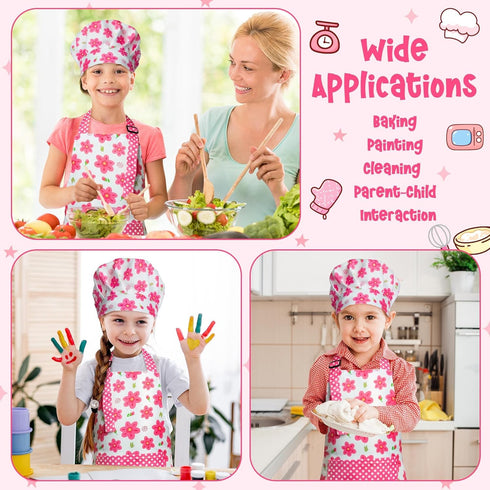 Set 2Pcs R HORSE Kid Apron and Chef Hat - Adjustable Children Pink Flower Kitchen Toddler Apron for Girls, Role Play