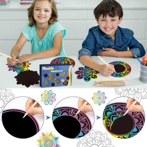 BeYumi 60Pcs Mandala Scratch Cards Gift Set, DIY Magic Scratch Off Paper Art Kit for Kids and Home Decor