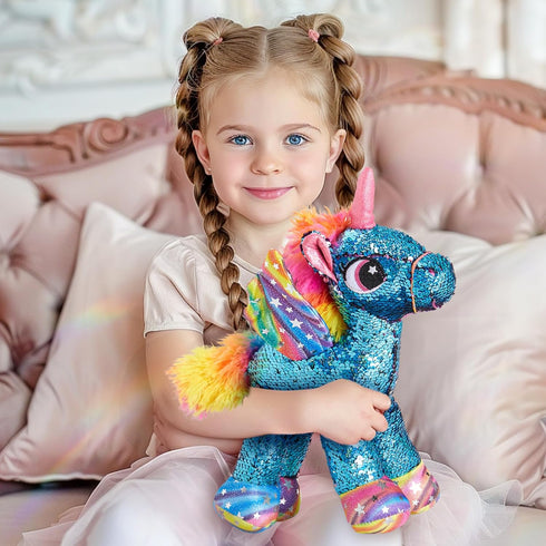 Athoinsu Unicorn Stuffed Animal Plush, Reversible Glitter Sequins, Children's Day Birthday Gift for Girls, Blue, 13"