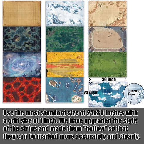 6 Pack DND Map Terrain 12 Dry Erase Battle Mats 24x36, 1 Inch Grids, Double-Sided for Dungeons & Dragons