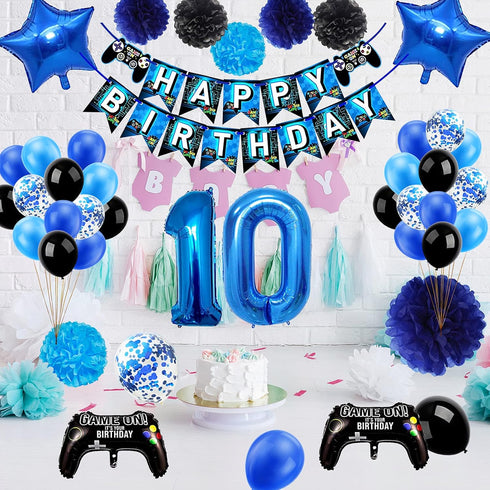 53 PCS 10th Birthday Decorations for Boys - Blue Video Game Party Supplies, Include Happy Birthday Banner, Number 10