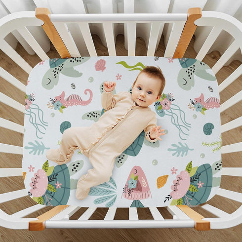 Fitted Crib Sheets Turtle Sea Horse Stretchy Portable Playard Sheets for Baby Toddler, Breathable Soft Mini Crib Mattress 39 x 27 in for Boys and Girls by KICPOAY