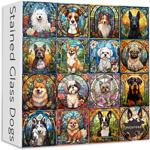Stained Glass Dog Puzzles for Adults, 1000 Pieces, Colorful Animal Puppy Collage, Challenging Jigsaw Puzzles