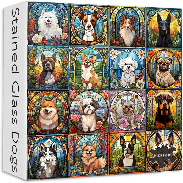Stained Glass Dog Puzzles for Adults, 1000 Pieces, Colorful Animal Puppy Collage, Challenging Jigsaw Puzzles
