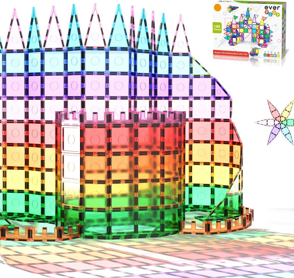 Everplay 140 pc Castle Rocket Magnetic Tiles with Car Set, Building Block Toys for STEM Educational Learning