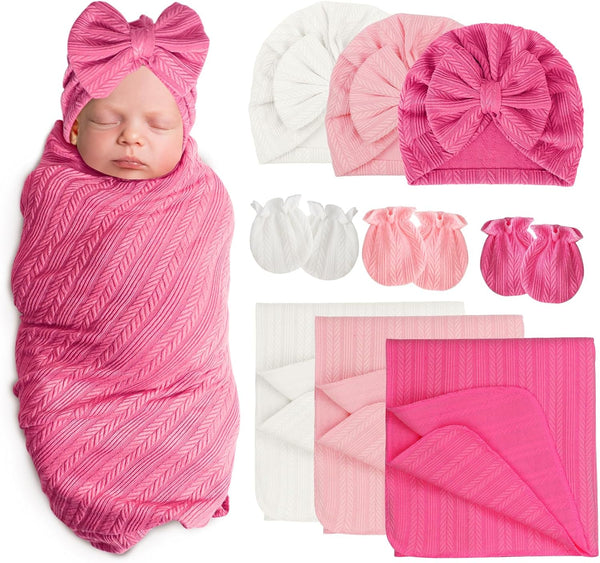 AQOKKA Newborn Receiving Blanket with Bow Hat Mittens Set Wheat-Pattern Newborns Toddler