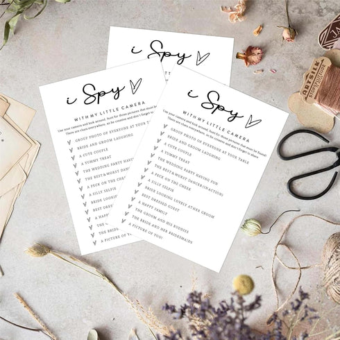 White Theme Bridal Shower Games for 25 Guests, I Spy with My Little Camera, Wedding Advice Cards, Reception Games - A02