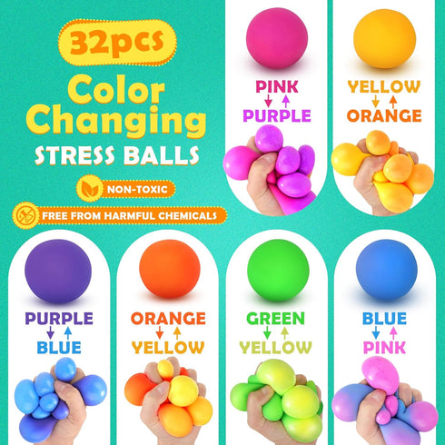 32 Pack (1.8") KLT Stress Balls Bulk for Kids and Adults: Mini Squishy Ball for Stress Reduce- Color Changing Sensory