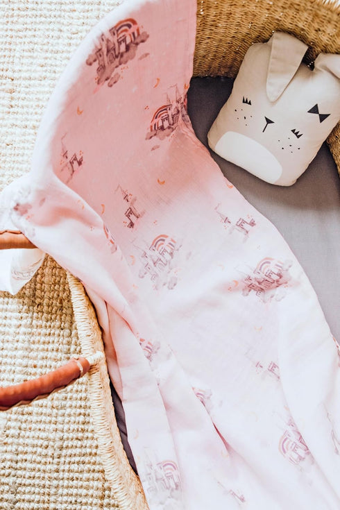 Malabar Baby Swaddle Blanket Wrap - Soft Organic Cotton Muslin, 47 X 47 inch, Pink Castle