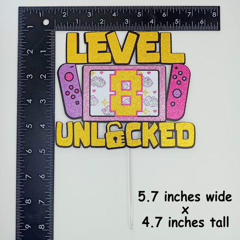 Girls Level 8 Unlocked Cake Topper, Glitter Gaming 8th Birthday Decoration, Video Game Theme Party Favor