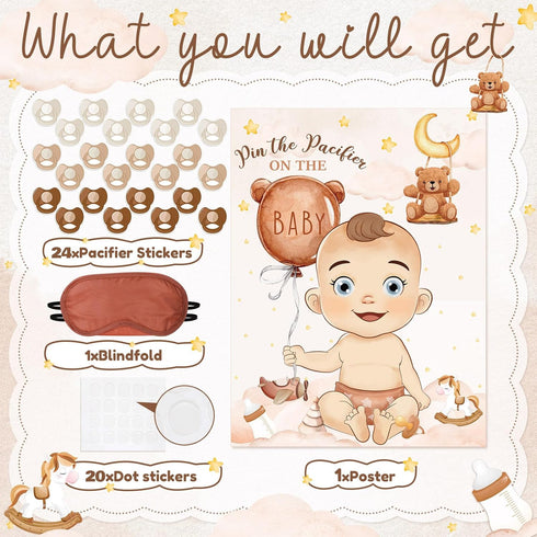 Faccito 24 Pin The Pacifier Baby Shower Games Bear Baby Shower Decorations Include Large Poster Stickers Blindfold Pin