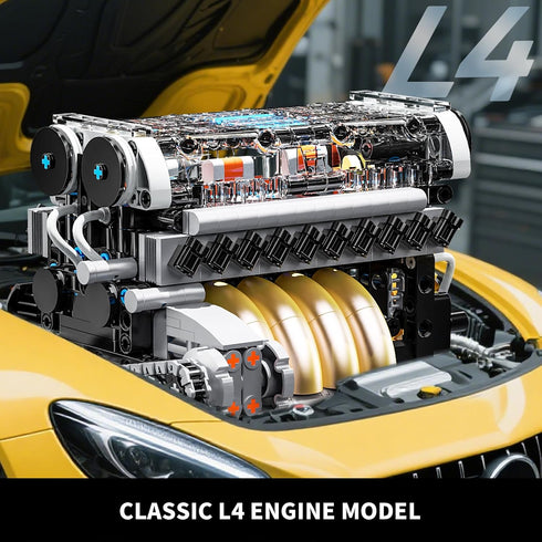L4 Sets 4-Cylinder 14+ (853 Engine Building for Adults, MOC Inline Mini Car Motor Model Kit that Runs, DIY STEM Toy