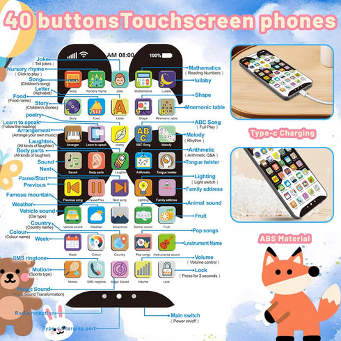 Uibyt 10,000+ Kids Phone with Educational Content, Rechargeable Toddler Learning Phone with Music & Sounds, Pretend