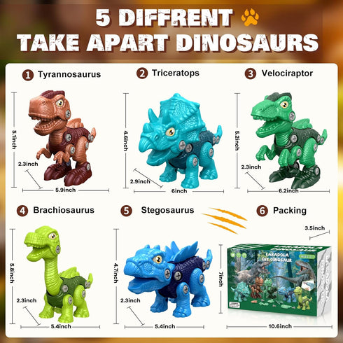 5 Pack 3-5 5-7 Laradola Stem Educational Dinosaur Toys with Wheels for Kids Electric Drill Build Take Apart Creative