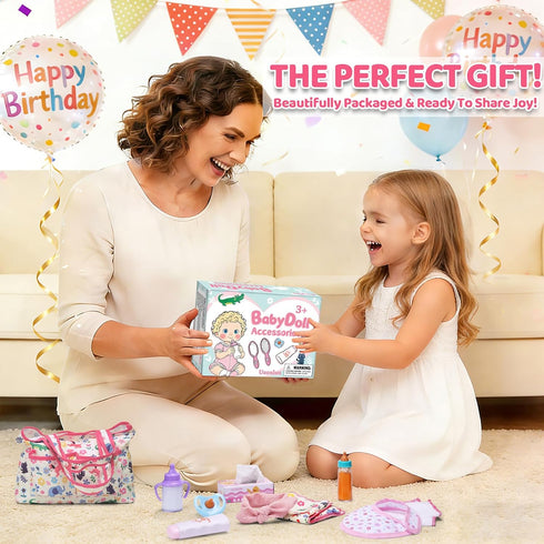 Set 16 Pack Baby Doll Accessories in Gift Box, Baby Doll Feeding Caring Kit with Pacifiers & Diaper Bag & Magic