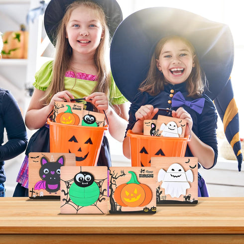 4 Pack Halloween Wooden Puzzles for Kids, Boys Girls Toddlers Halloween Jigsaw Toys for Party Favors and Treats