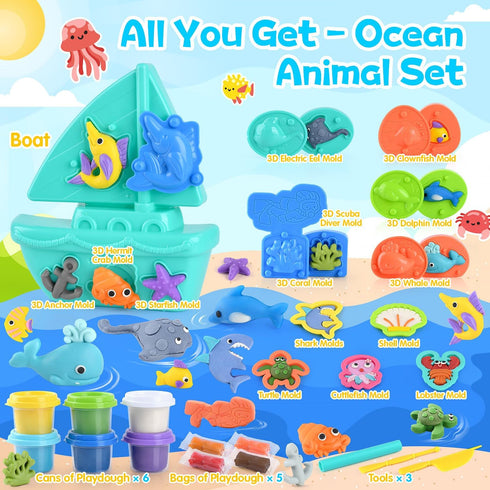 Set 3 4 5 6 PLAY Ocean Color Dough Kit with Sea Animals Molds, Under the Sea Toys for Sensory Play - Boat Whale Shark