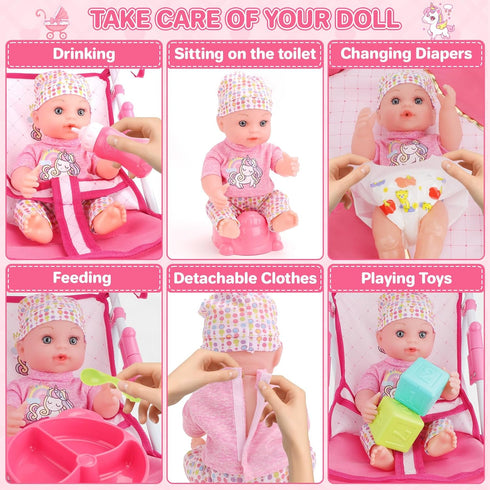 Set 12" Playset 17 3+ deAO Baby Doll Stroller with Baby Dolls Nursery PCS Baby Doll Accessories with Play Mat,Storage