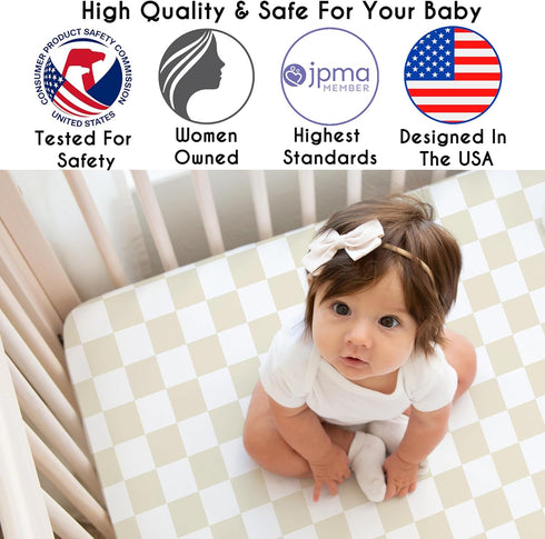 Sweet Jojo Designs Fitted Baby Crib Sheets (Beige Gingham Checkered) for Boys or Girls, Infant Nursery, Toddler Room