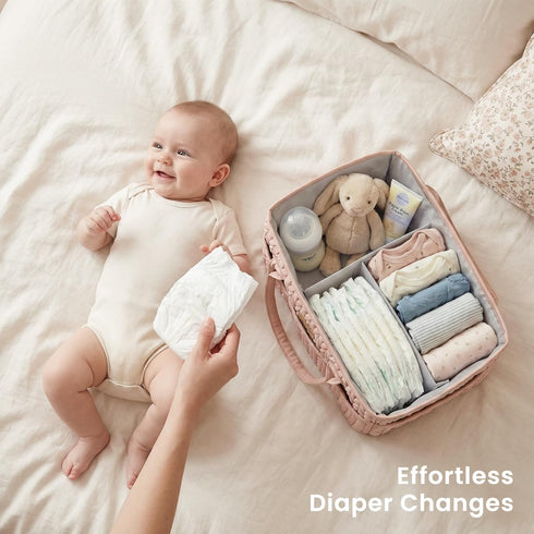 Konssy Braided Quilted Diaper Caddy Organizer, Boho Nursery Storage Basket with PU Leather Handles, Water-Repellent