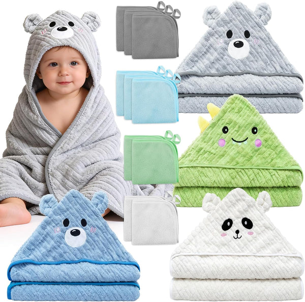 Jaseppor 14 PCS Baby Bath Towels Set, 4 PCS Animal Hooded Baby Towels