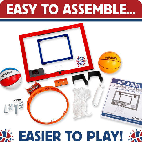 Pop-A-Shot Super Slam Mini Basketball Hoop for Kids and Adults | 2 Basketballs and Pump | Breakaway Rim