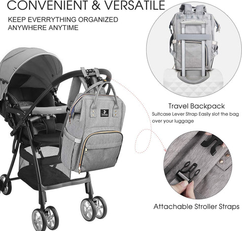 ZOUNICH Multifunction Waterproof Diaper Bag Backpack, Stylish Nappy Travel Bag with Changing Mat, Gray