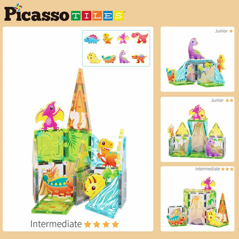 PicassoTiles Magnet Tile Building Blocks Dinosaur World Themed Playset, 8 Animal Character Action Figures for Kids 3+