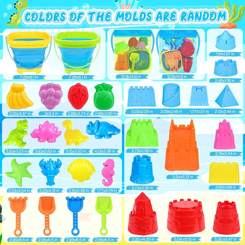 Set Set, 3-12 RACPNEL Collapsible Beach Toys for Kids Toddlers, Travel Beach Sand Castle Kits with Mesh Bag & Molds
