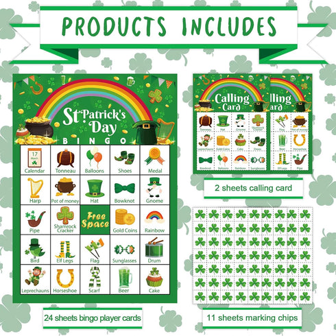 St Patrick's Day Bingo Games Cards for 24 Players, Irish Shamrock Bingo for Family School Classroom Activities