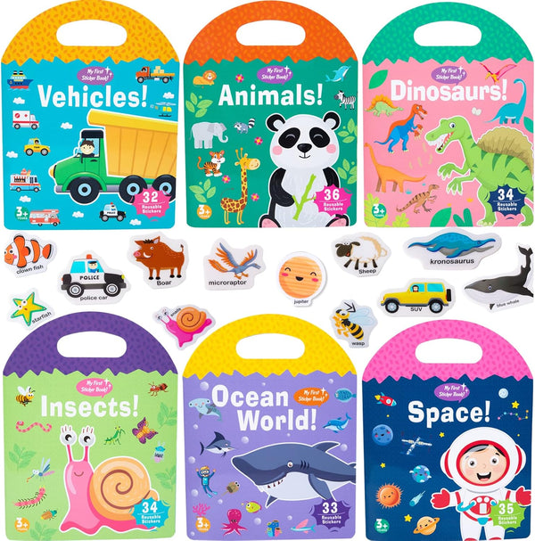 MIKNEKE 6 Pack Jelly Reusable Sticker Books for Toddlers 1-3 2-4 Years, Portable