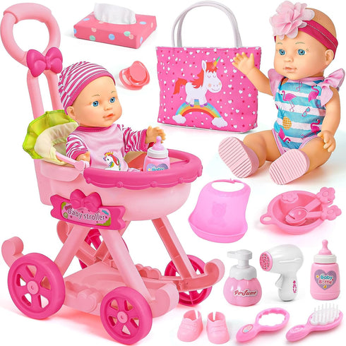Golray Girl Baby Doll Stroller Toy Set with 12" Baby Doll &