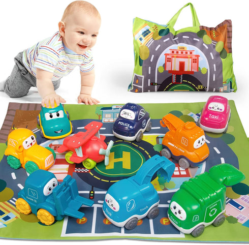 ALASOU 9 PCS Baby Cranes Car Toys with Playmat, 1st Birthday Gifts for 1-2 Year Old Boys