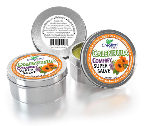 8OZ- (2-4 oz Calendula Comfrey Super Salve Jars), by Creation Farm Balm Soothes Baby Bottoms, Hand Cream for Dry