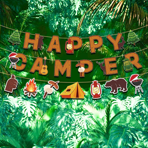 Camping Party Banner, Happy Camper Fun House Banner with Campfire Tent for Birthday Party Decorations