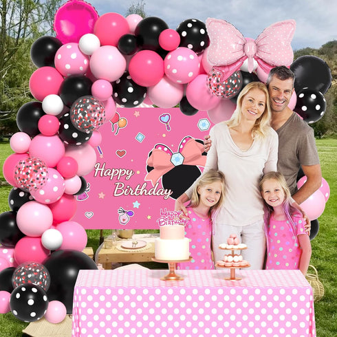 Pink Mouse Birthday Decorations, Pink Mouse Balloon Arch Kit with Backdrop & Tablecloth, 5-12 Inch Balloons for Baby