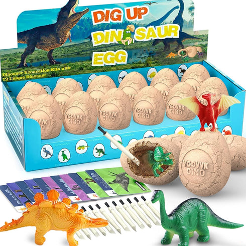 Dinosaur Eggs Dig Kit - Break Open 12 Easter Dino Eggs with 12 Surprise Dinosaurs - Science STEM Toys for Kids